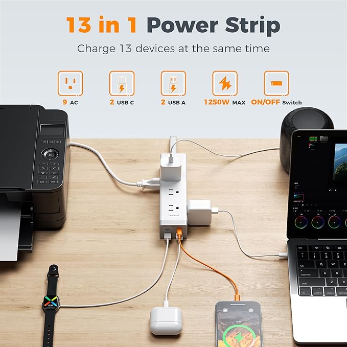 TESSAN Surge Protector Power Strip PD 20W, Ultra Thin Flat Plug 10 FT Extension Cord, 9 Outlets 4 USB(2 USB C), 1050J Protection Multiple Outlets Charging Station for Home, Office, College Dorm Room