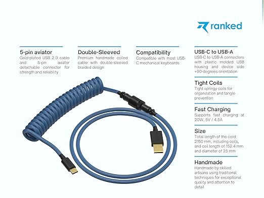 Ranked Coiled Keyboard Cable | Handcrafted Double-Sleeved Braided Cable | USB Type C to A | 5-Pin Aviator Connector for Custom Mechanical Gaming Keyboard | Support Fast Charge 20W (Skydiver)