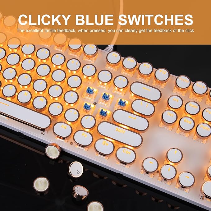 Camiysn Typewriter Style Mechanical Keyboard, Retro Punk Gaming Keyboard with Gold LED Backlit, Cute Wired Keyboards,104 Keys Full Size Keyboards, Uique Round Keycaps for Windows/Mac/PC(White&Gold)