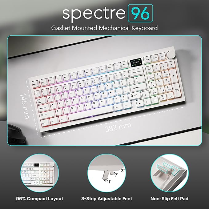 TECWARE Spectre 96% RGB Mechanical Gaming Keyboard | Customizable LCD Screen | Tri-Mode Wireless with Knob | Gasket Mount | South Face 5-Pin Hot-Swappable Sockets | White Candy Red Linear Switch