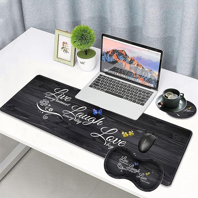 3 Piece Mouse Pad Set with Stitched Edge Large Anti-Slip Mouse Pad Desk Pad Keyboard Pad + Wrist Rest Pad + Coaster, Memory Foam Wrist Rest for Office/Home - Live Laugh Love