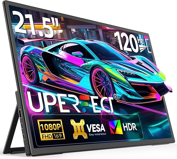 UPERFECT 21.5” 120HZ Portable Monitor w/Stand & VESA, Large Portable Gaming Monitor with HDMI Type C, External Dispaly for Laptops, Steamdeck, MacBook, Phones, Mini PC