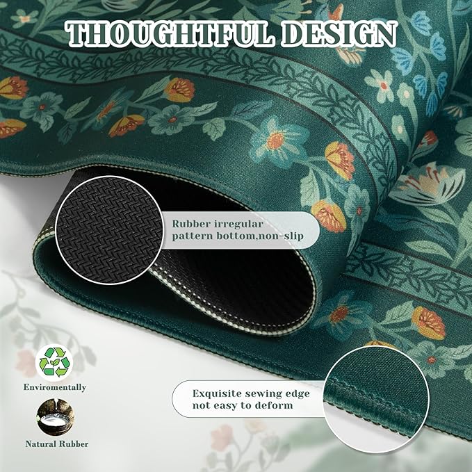 iCasso Green Aesthetic Flower Mouse pad for Laptop, Vintage Desk Matt for Desktop 13.7"x23.6", Anti-Slip Mousepad with Stitched Edges for Laptop Computer Keyboard(Deep Green)