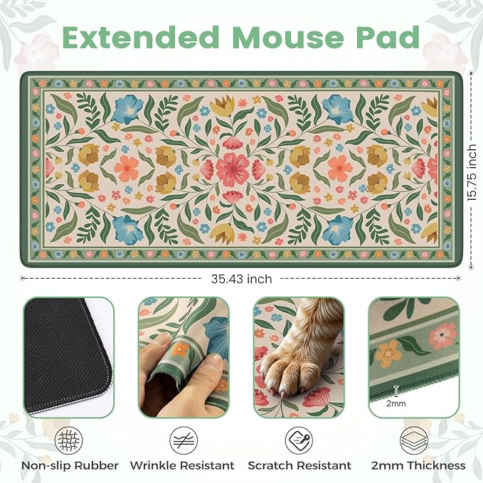 iLeadon Computer Desk Mat with Smooth Surface, Floral Stitched Edges XL Big Mosue Pad for Keyboard, Non Slip Green Extra Large Mouse Pad for Desktop, Office Desk mat for Women (Green)