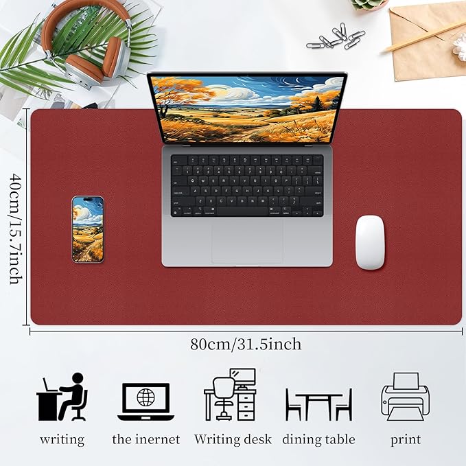 Bloss Red Leather Desk Mat Protector,Large Mouse Pad,Dual-Side Use Mouse Pads,Office Desks Mats,Laptop Protector Desks Mat,Waterproof Dual-Side Desk Keyboard/Writing Pad for Office/Home.31.5"x 15.7"