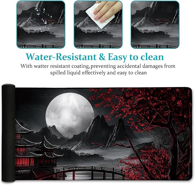 LIMKRIAN Japanese Mouse Pad Large Gaming Desk Mat, Extended Computer Mousepad with Stitched Edges Non-Slip, XL Keyboard Mouse Pad, Aesthetics Full Moon Home Decor Office Desk Accessories 31.5in