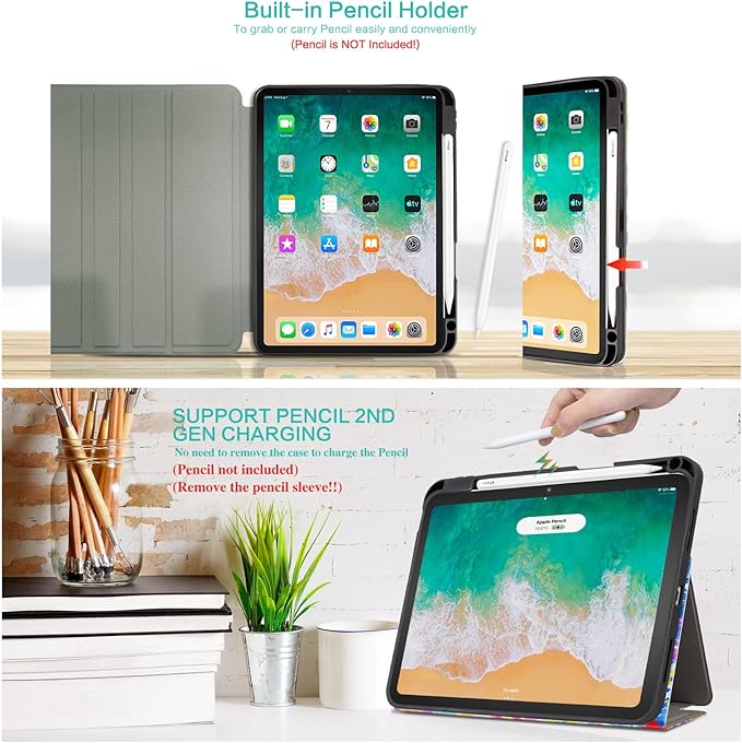 for iPad Air 11-inch Case M4/M3/M2 (2026/2025/2024), iPad Air 5th/Air 4th Gen Case with Pencil Holder, iPad Pro 11 Inch 4th/3rd/2nd/1st Multi-Angle View Adjustable Stand Auto Wake Sleep Colorful Heart
