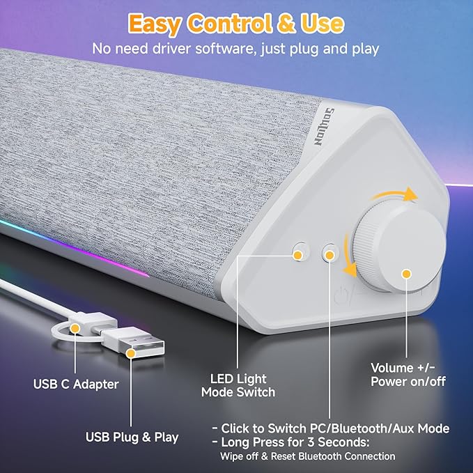 SOULION Computer Speakers, USB-Powered Bluetooth PC Soundbar with Dynamic RGB LED Lights, Surround Sound for Desktop, Laptop, Office, Work, Music & Gaming White (USB-C to USB Adapter Included)