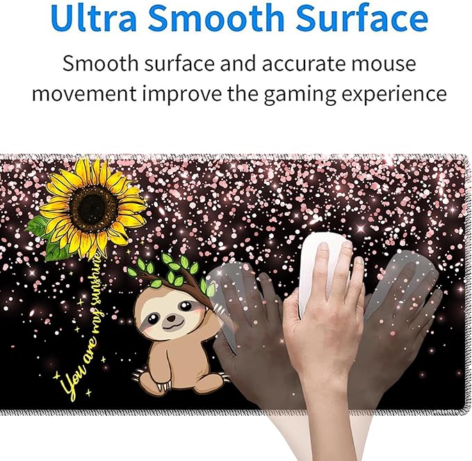 Large Gaming Mouse Pad Plus a Coasters + Cable Clips, Sunflower and Sloth Extended Mousepad (31.5 x 11.8) with Stitched Edge, Foldable Computer Keyboard Desktop Mouse Mat for Home Office