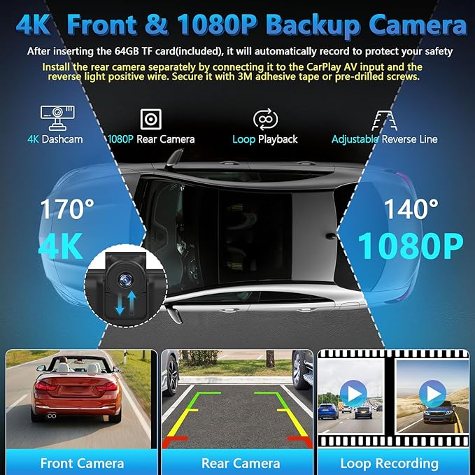 Portable Wireless Carplay Screen with Dashcam - Lehwey 10.26 Inch Car Play Tablet with 4K Front Dash Cam & 1080P Rearview Backup Camera, Bluetooth 5.0, FM, Voice Assistant, with 64GB TF Card