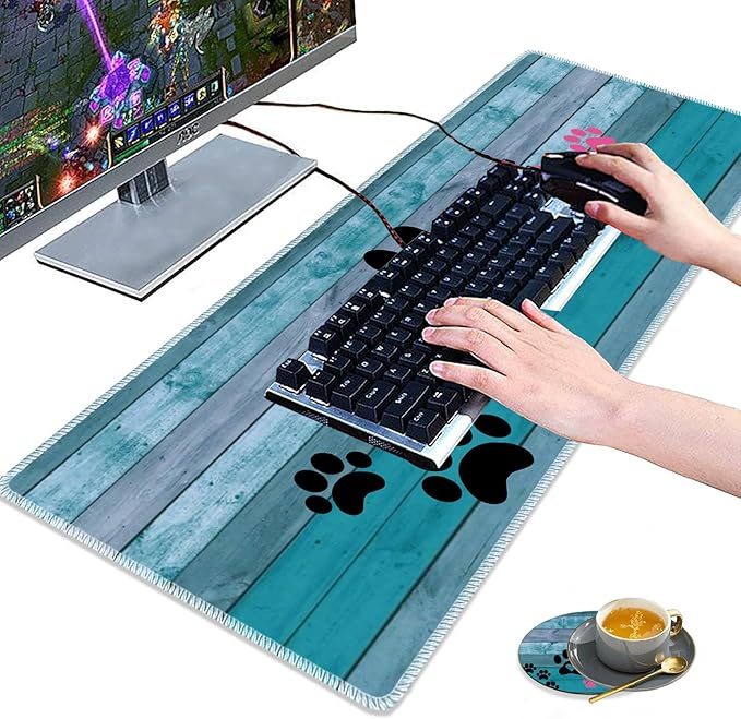 3 Piece Mouse Pad Set with Stitched Edge Large Anti-Slip Mouse Pad Desk Pad Keyboard Pad + Wrist Rest Pad + Coaster, Memory Foam Wrist Rest for Office/Home - Black and Pink Dog Paw Prints