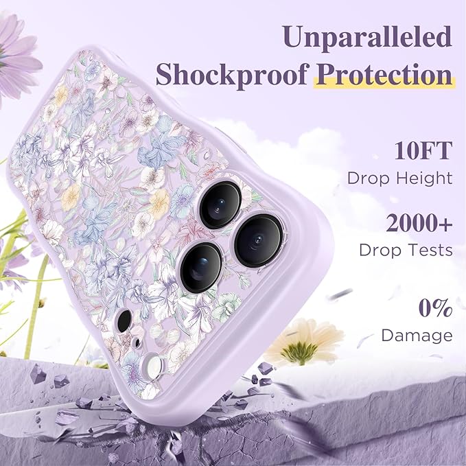 GVIEWIN for iPhone 17 Pro Max Case Compatible with MagSafe [Curly Wave Edge][Full Camera Protection] Floral Translucent Shockproof Magnetic Women Phone Case for 17 Pro Max, Apricot Blossom/Purple