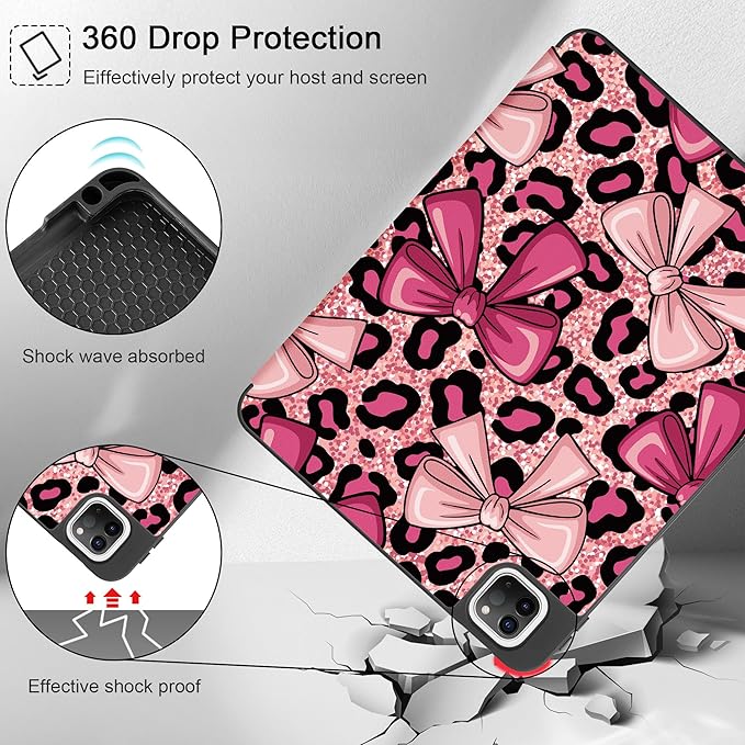 May Chen Case for iPad Pro 11 inch (4th, 3rd, 2nd & 1st Gen) 2022 2021 2020 2018,Trifold Stand with Auto Wake/Sleep Soft TPU Protective Stand Back Cover, Leopard Print Bow