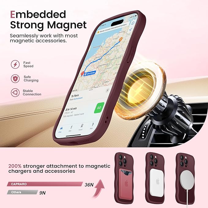 CAPRARO for iPhone 15 Pro Max Case with 360° Spin Magnetic Stand for Women, [Compatible with MagSafe] [Full Camera Protection] Cute Wave Translucent Matte Case for iPhone 15 Pro Max, Wine Red