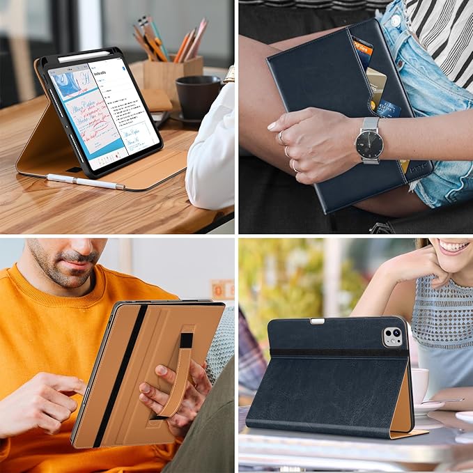 DTTO for iPad Pro 11 inch Case (M5/M4) 2025/2024, Premium Leather Business Folio Stand Cover with Pencil Holder - Auto Wake/Sleep and Multiple Viewing Angles, Blue