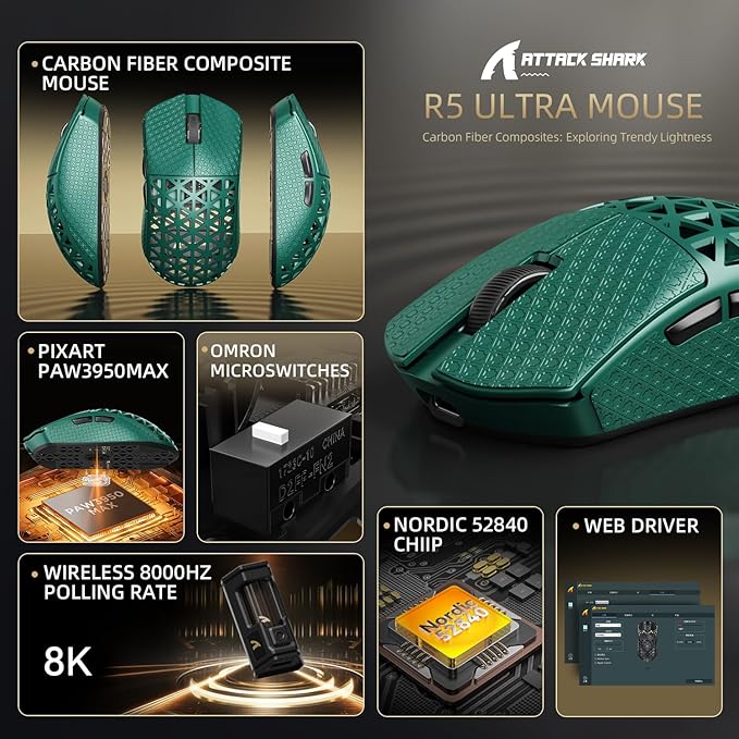 ATTACK SHARK R5 Ultra Wireless Gaming Mouse,Carbon Fiber Shell 39g Superlight,PAW3950MAX Nordic 52840 MCU 8K Polling 42K DPI Optical Sensor,BT/2.4G/USB-C Wired Mice with Coiled Cable-Green&Griptape