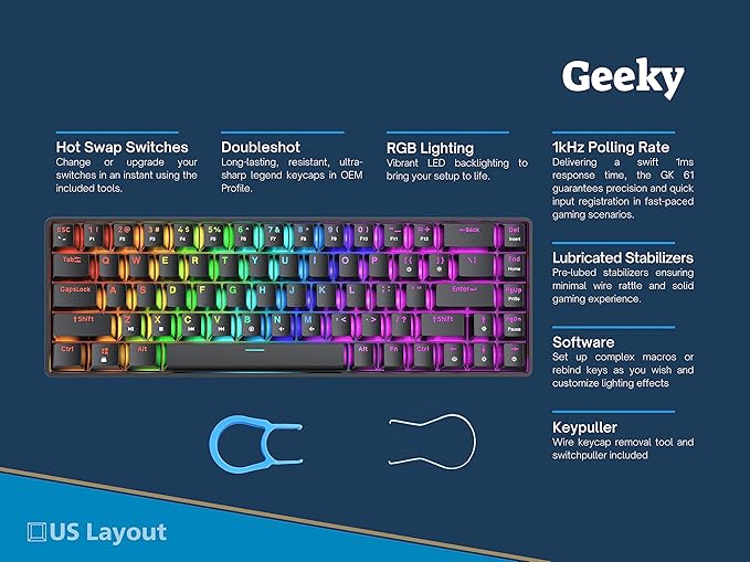 Geeky GK65 65% | Hot Swappable Mechanical Gaming Keyboard | 68 Keys Multi Color RGB LED Backlit for PC/Mac Gamer | ANSI US American Layout (Black, Mechanical Blue)