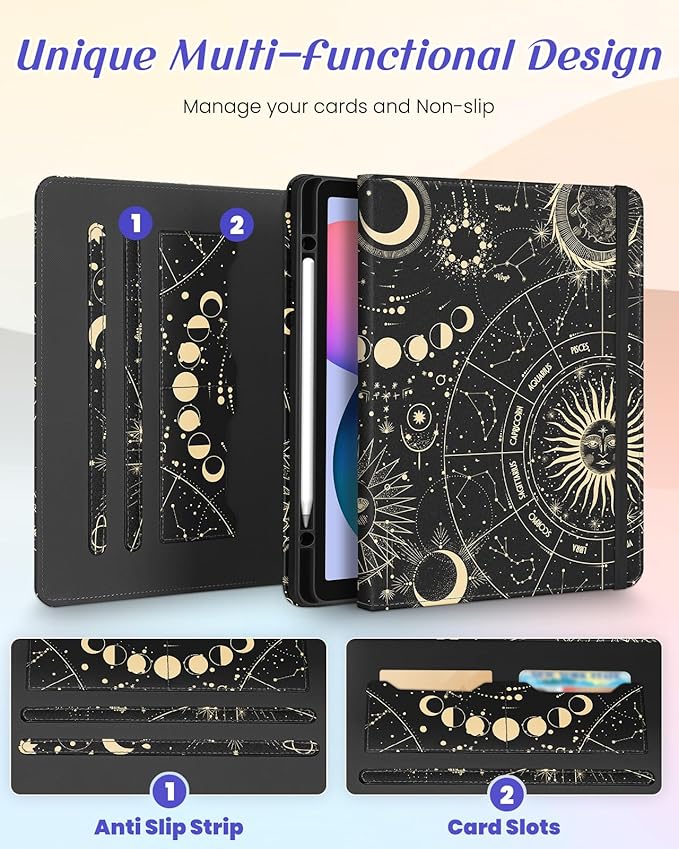 Kidcube for Samsung Galaxy Tab S6 Lite Case 10.4 Inch 2024/2022/2020 - Women Girls Cute Rotating Stand Folio Cover with Pencil Holder & Card Slot Girly Sun Moon Stars Design Cases for Tab S6 Lite