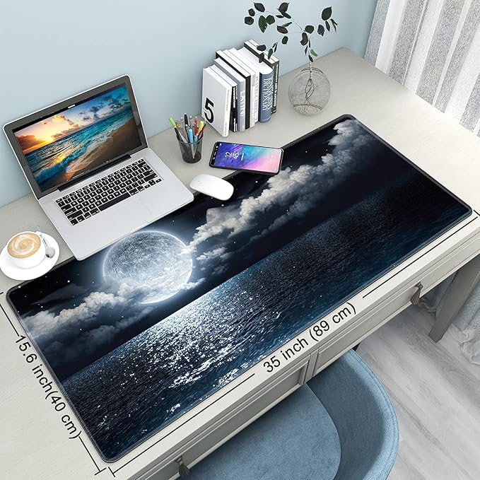 Desk Mat,Large Mouse Pad 35''×15.6'' XXL Extended Gaming Mouse Pad Mat with Non-Slip Base Stitched Eges Mousepad for Computer,Office,Keyboard and Laptop - Moon Ocean