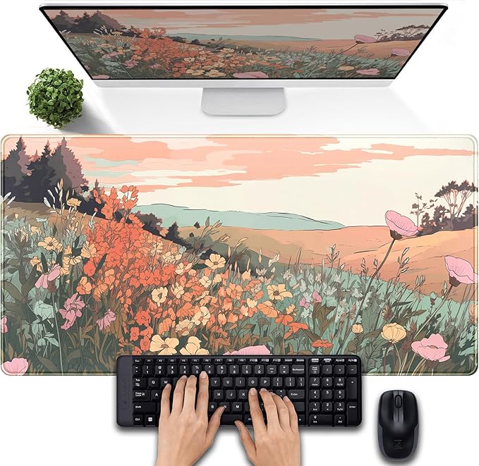 Desk Mouse Pad Large Desk Mat Botanical Flowers Mouse Mat Gaming, Extended Floral Keyboard Pad XXL, Long Desktop Laptop Mat Aesthetic Watercolor Wildflower Office Decor for Women 31.5x15.7 Inch