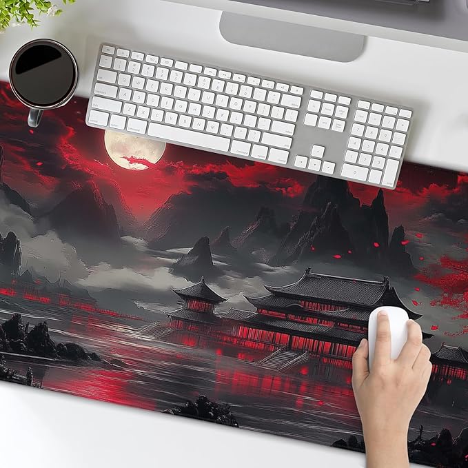 Japanese Mouse Pad Large Riverside Full Moon Desk Mat Black Red Mouse Pad Gaming 35.4"x15.7" Long Keyboard Pad Mouse Mat with Stitched Edges Non-Slip Base Computer Pc Desk Pad for Office Work Home
