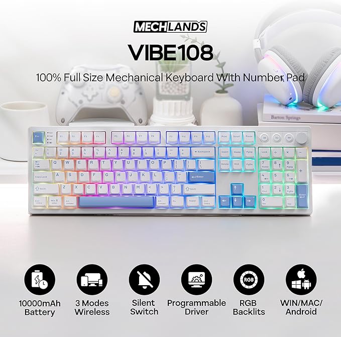 MechLands Vibe108 Full Size Mechanical Keyboard with Knob & Multimedia Buttons, Wireless Gaming Keyboard with 10000mAh Battery, RGB Backlits, 104 Keys Hot Swappable, Custom Driver (Vela Silent Switch)