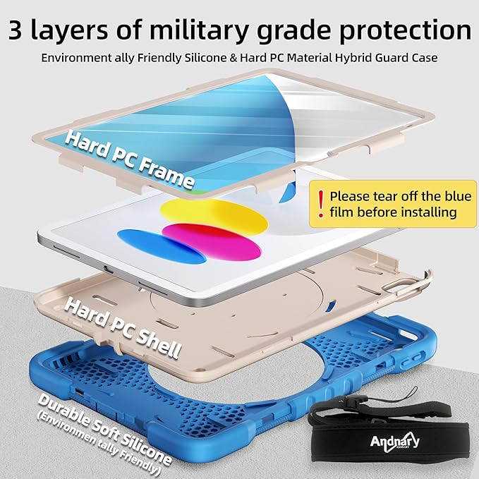 Andnary Case for iPad (A16) 11th Generation 11 inch 2025/10th Generation 10.9 inch 2022, Shockproof Cover with Screen Protector/360° Rotate Handle/Bracket/Pen Holder/Shoulder Strap (Blue+White)