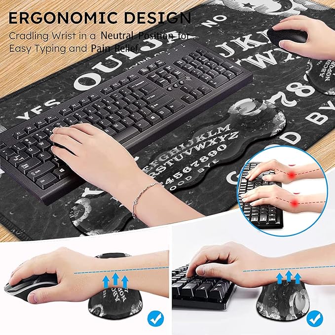 Gaming Mouse Pad XXL Large Desk Mat Ouija Board Witch Extended Mousepad Non-Slip Rubber Mice Pads Stitched Edges(31.5x11.8 In)Ergonomic Premium Memory Foam Keyboard Wrist Rest and Black Mouse Pad Set