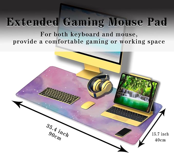 Gaming Pink Mouse Pad Purple Game Mat Big Mouse Pads Desk Mat for Women Computer Mat Pc Gaming Mouse Pad Waterproof Non-Slip Rubber Base 35.4" X 15.7" for Game Office, Starry Sky Cute