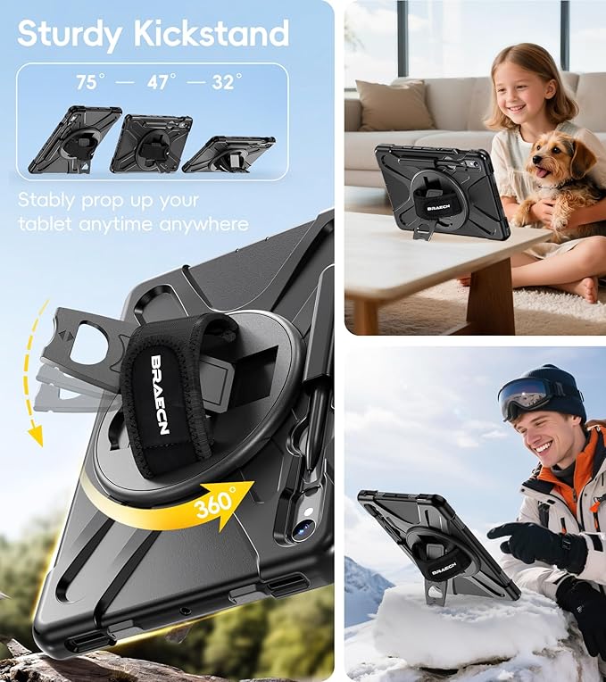 BRAECN Case for Samsung Galaxy Tab S10 Lite/S10 FE/S9 FE 5G 10.9"& S9/S8/S7 11",Heavy Duty Shockproof Silicone Cover with 360 Rotating Stand &Hand Strap, Kickstand, Shoulder Strap, S Pen Holder, Black
