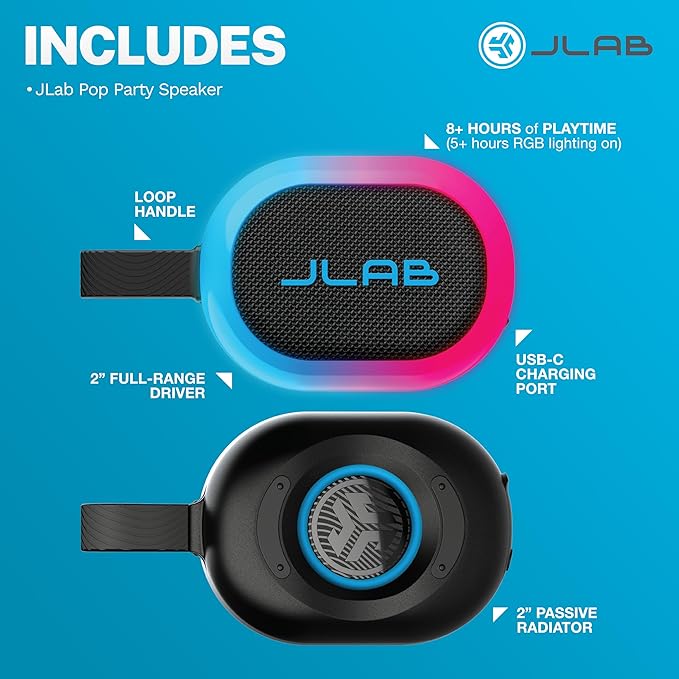 JLab, Pop Party, Portable Bluetooth Speaker, Waterproof IP55, Customizable RGB LED, Black