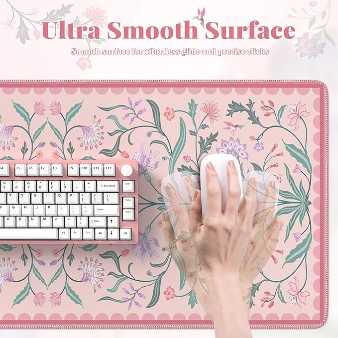 iLeadon Desk Mat Pink, Large Floral Mouse Pad for Desks with Smooth Lycra Surface, Long Full Desk Mouse Cushion for Laptop, Keyboard Mat for Office, Home, Light Pink