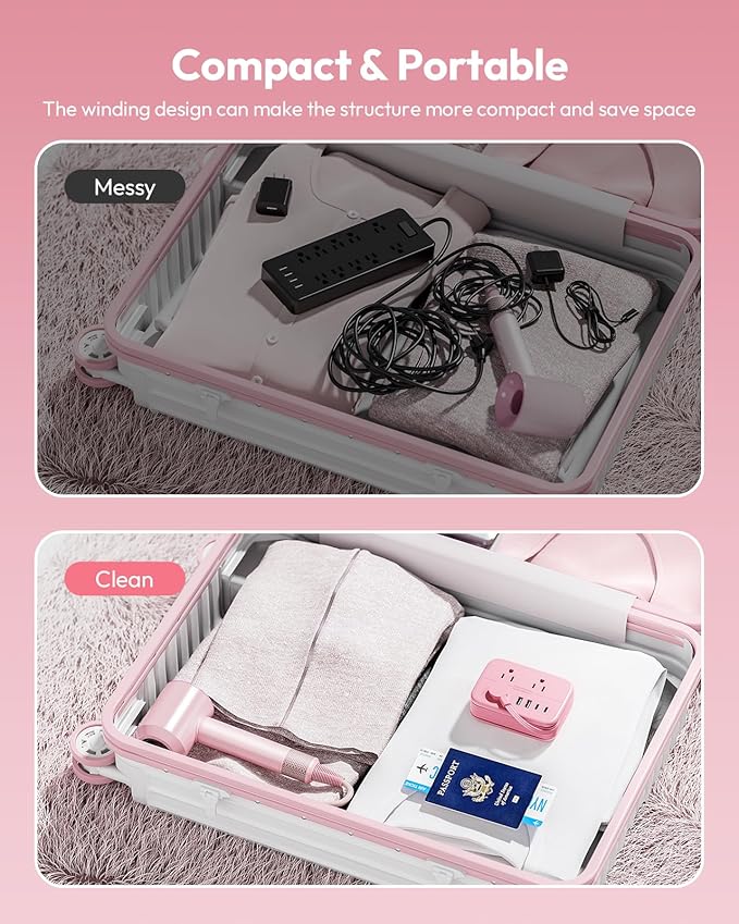 NTONPOWER Pink Extension Cord, Travel Power Strip, 6 Outlets 4 USB Ports(2 USB C), 4ft Extension Cord Wrapped Around Small Power Strip, Compact for Travel, Hotel, Cruise Approved, White