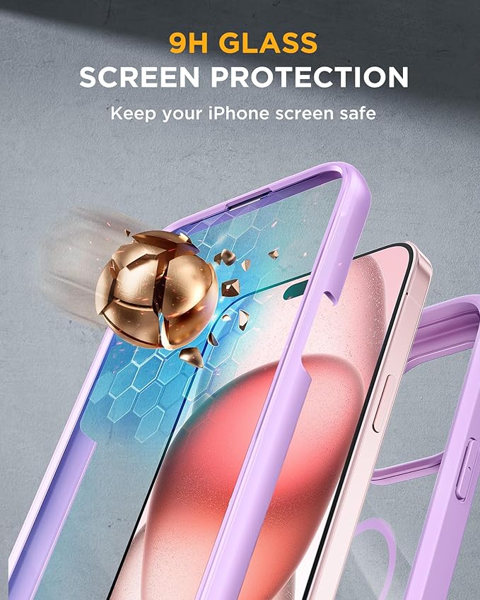 Miracase Magnetic for iPhone 15 Plus Case 6.7'' [Compatible with Magsafe] Full-Body Military Drop Proof 15 Plus Phone Case Cover with Built-in 9H Tempered Glass Screen Protector,Light Purple