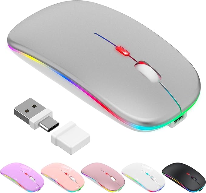 Bluetooth Wireless Mouse, Slim LED Rechargeable Silent Mouse with 2.4GHz USB-A/USB-C Receiver & Type-C Adapter, Compatible with Laptop, MacBook, iPad, iPad Pro,Mac,Tablet – Grey