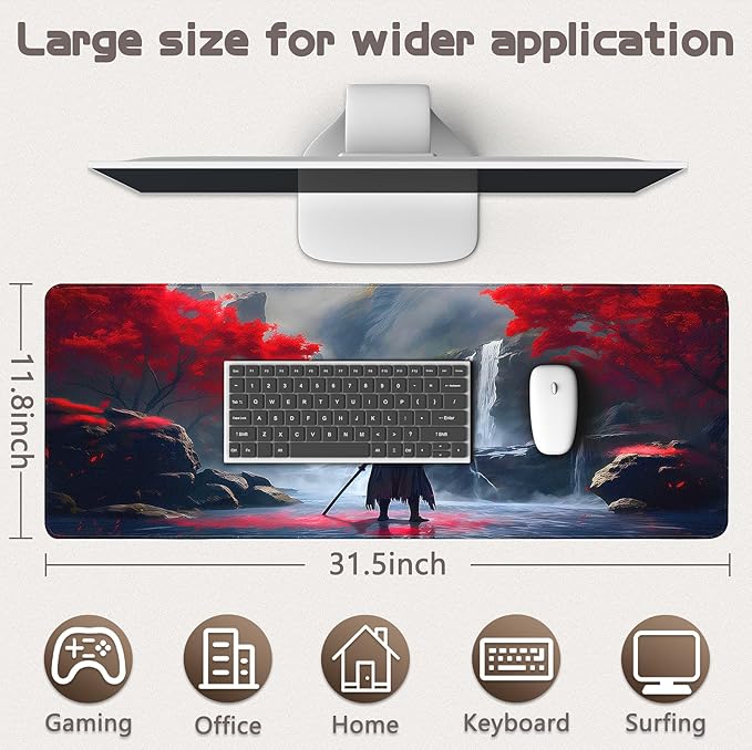 Gaming Mouse Pad - (31.5"×11.8") Japanese Samurai Large Mouse Pads for Desk - Desk Mat for Keyboard and Mouse with Non-Slip Base, Desks Pad Matfor Game/Office & Home