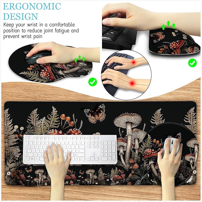 LIMKRIAN Mushroom Mouse Pad Set Large Desk Matt for Desktop, Ergonomic Mouse Pad with Wrist Rest, Gaming Mouse Pad Wrist Support Keyboard Mat Cup Coaster Set Office Desk Decor Accessories