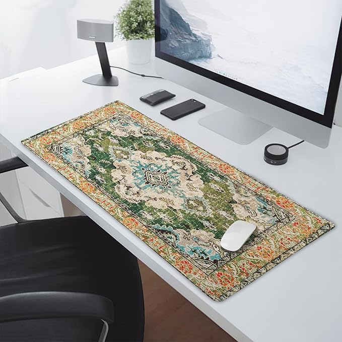 Vintage Rug Mouse Pad XXL Green Orange Retro Carpet Aesthetic Extended Table Mat 90X40 cm Non-Slip Rubber Base Stitched Edge Large Mousepad for Gaming Laptop Computer Desk Top 35.4×15.7 Inch