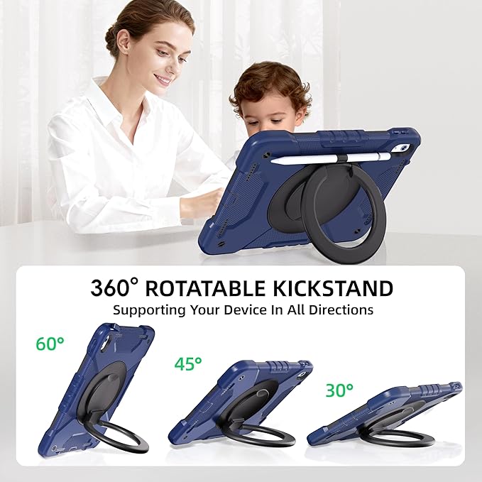 Andnary Case for iPad (A16) 11th Generation 11 inch 2025/10th Generation 10.9 inch 2022, Shockproof Cover with Screen Protector/360° Rotate Handle/Bracket/Pen Holder/Shoulder Strap (Navy+Black)