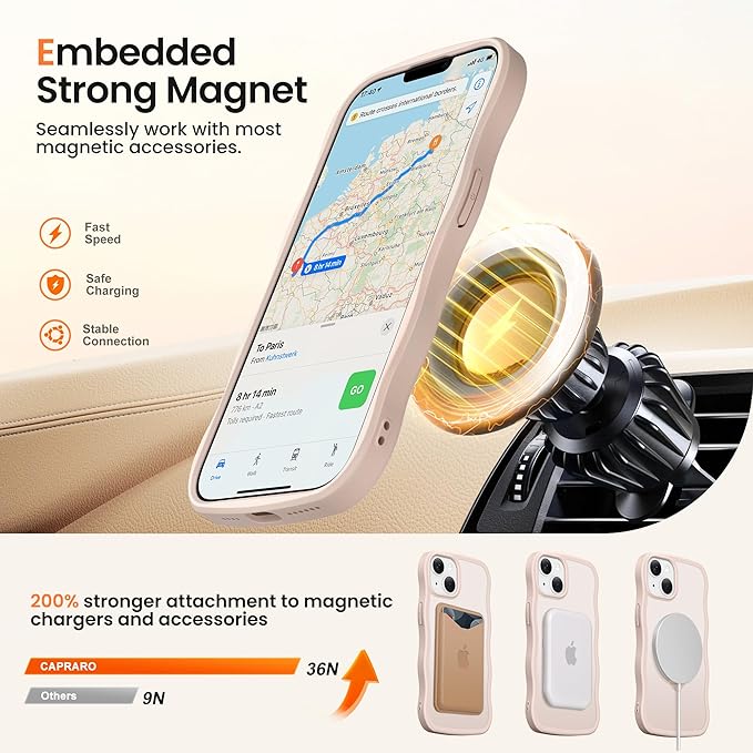 CAPRARO for iPhone 13 Case & iPhone 14 Case with 360° Spin Magnetic Stand for Women, [Compatible with MagSafe] [Camera Protection] Cute Wave Translucent Matte Case for iPhone 13/14, Rose Gold