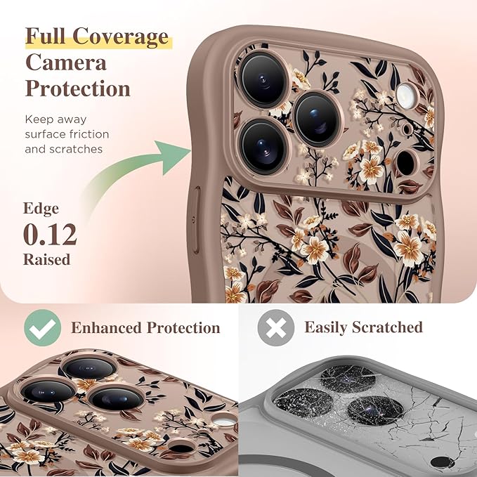 GVIEWIN for iPhone 17 Pro Case Compatible with MagSafe [Curly Wave Edge][Full Camera Protection] Floral Translucent Shockproof Magnetic Women Phone Case for iPhone 17 Pro 6.3'', Bunchflower/Brown