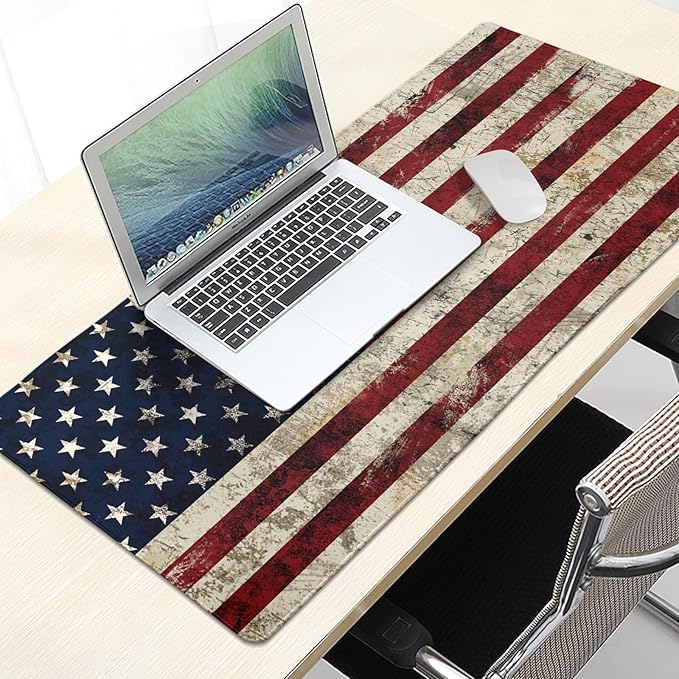 American Flag Mouse Pad Extended Large 35.4x15.7 in USA Flag Desk Mat Independence Day Large Mousepad XL Non-Slip Rubber Base Stitched Edge Gaming Mousepad PC Computer Desk Pad for Work Desktop