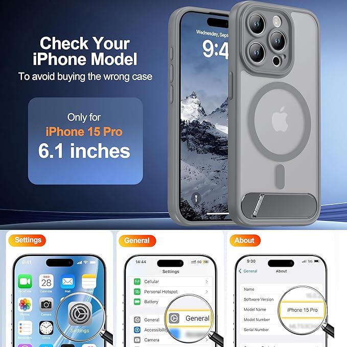 Magnetic Compatible with iPhone 15 Pro Case, [Built-in Kickstand][Full Camera Protection][Compatible with MagSafe][Anti-Fingerprint] Shockproof Phone Case for iPhone 15 Pro 6.1",Grey
