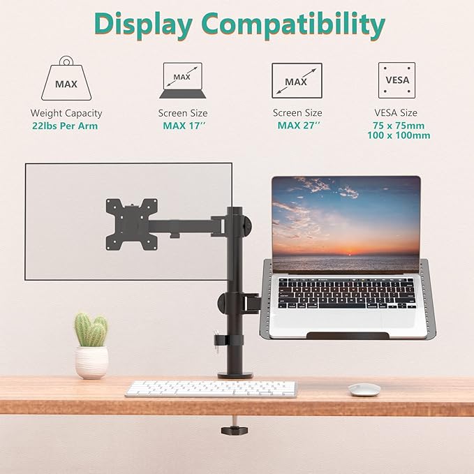 WALI Dual Arm Laptop and Monitor Desk Mount for 17" Notebook and Up to 27" Screen, Fully Adjustable Monitor Arm with Laptop Tray, VESA 75x75 100x100, Holds up to 22 lbs, Black (M001LP)