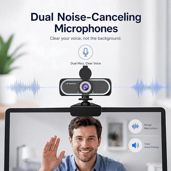 C65 4K Webcam for PC with Autofocus, USB Webcam with Dual Noise-Reducing Mic, Auto White Balance, Low Light Correction, Privacy Shutter, Tripod Included, Streaming Camera for Laptop Desktop Zoom Teams