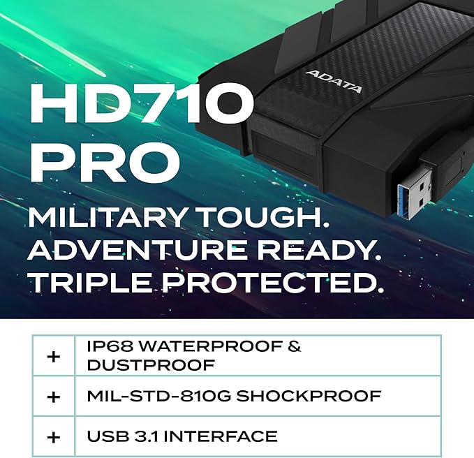 ADATA HD710 Pro - 1 TB External Hard Drive - Shockproof, Waterproof & Dustproof - Durable Storage - For Gamers, Students & Professionals - Mac, PC & Linux Compatible - Black - AHD710P-1TU31-CBK
