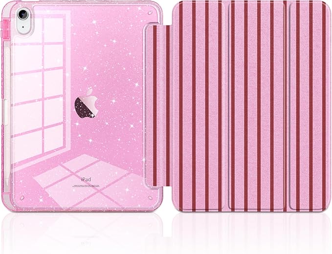DONGKE for iPad Pro 11 inch Case – Fits M5 2025 / M4 2024, Shockproof Sparkling Glitter Acrylic Back, Pencil Holder, Trifold Stand, Auto Sleep/Wake & Touch ID Support - Pink Stripes