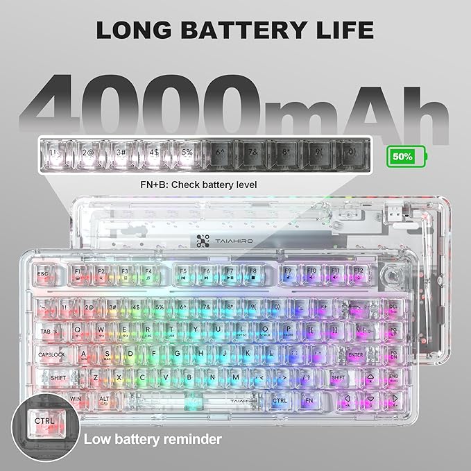 Transparent Mechanical Keyboard, RGB Backlit Wireless Creamy Gaming Keyboards, Hot Swap Customizable Clear Acrylic Design, 80-Key Quiet Linear Switches, 3 Modes BT5.0/2.4G/USB-C 4000mAh Battery, White