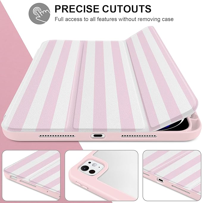 Case for iPad Pro 13 inch (M5) 2025 (M4) 2024 Release with Pencil Holder -Cute Pink White Striped Trifold Cover with Clear Back Auto Sleep/Wake, Aesthetic Soft Protective Skin for Girls Women