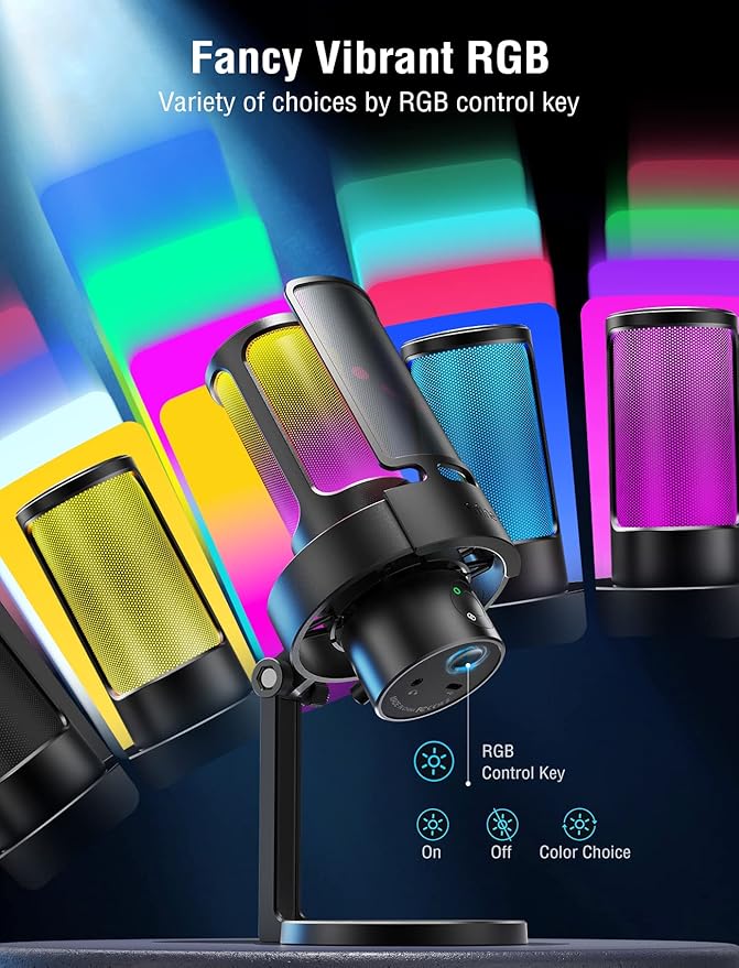 FIFINE Gaming USB Microphone, PC Computer Mic with 4 Polar Patterns for Podcast Streaming Recording YouTube, RGB Condenser Desktop Mic for Windows, Mac, with Headphone Jack-AmpliGame A8 Plus